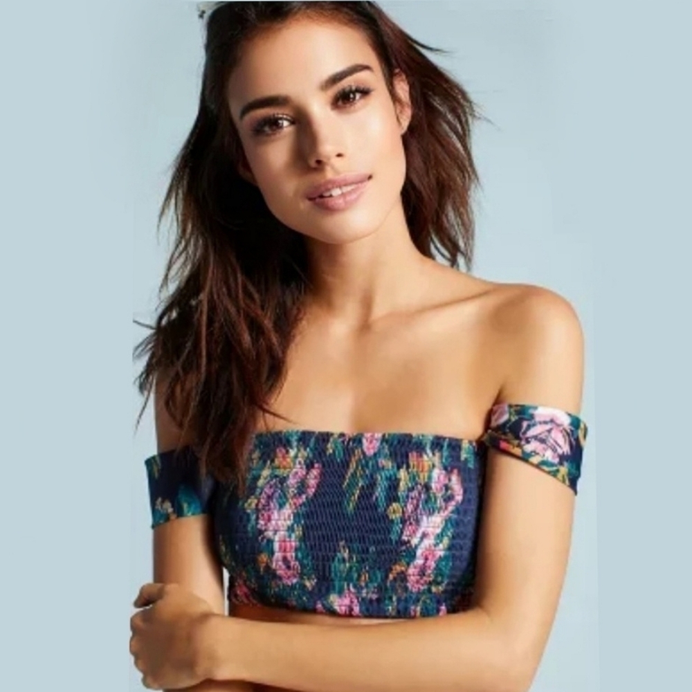 Anthropologie Bikini Swimsuit Top Off The Shoulder Top Size L Pink Flowers - Picture 4 of 16